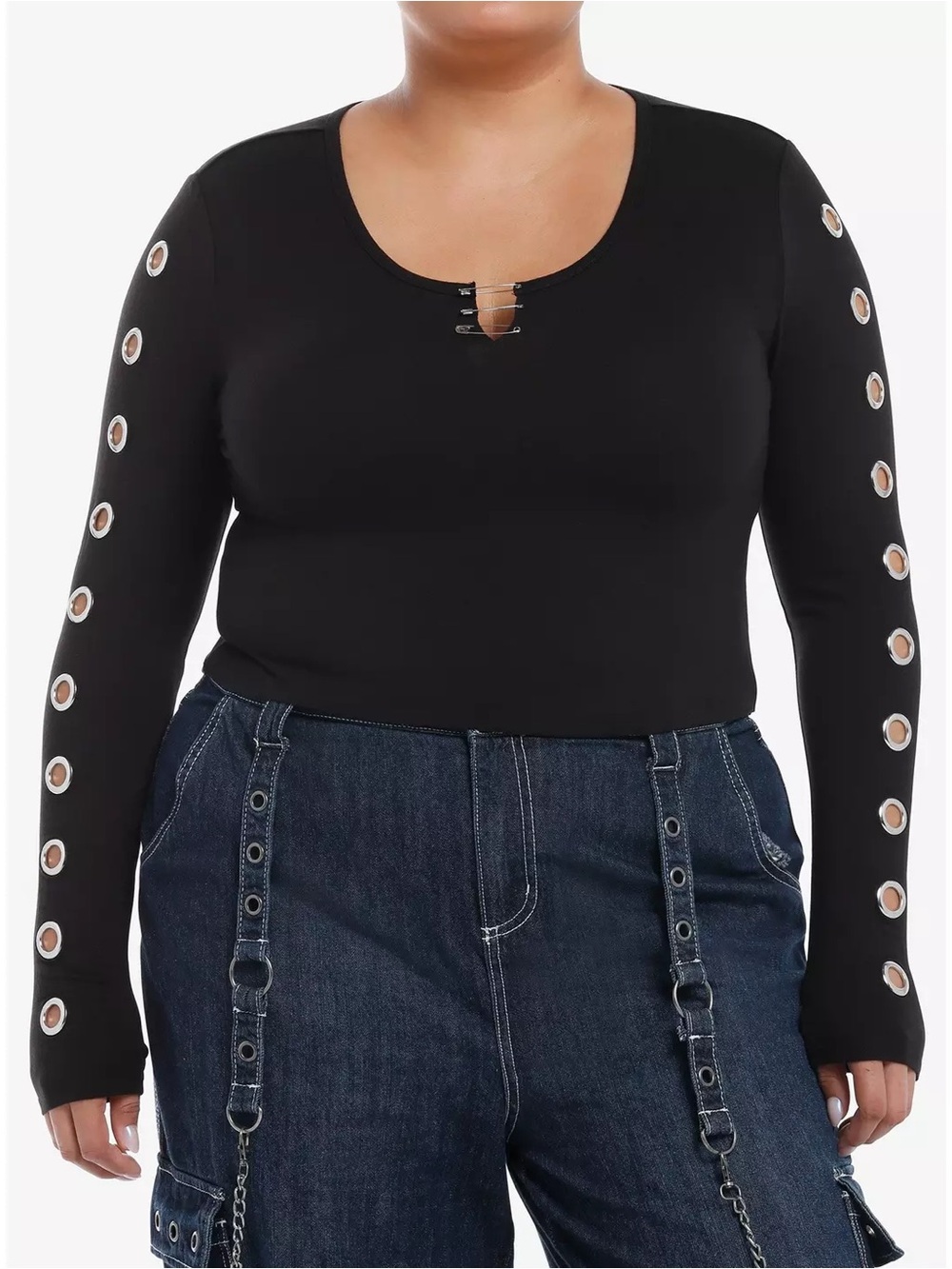 Social Collision Safety Pin & Grommet Detail Black Long Sleeve Top